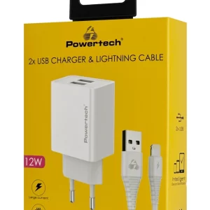 POWERTECH φορτιστής τοίχου PT-1325 με καλώδιο Lightning, 2x USB, 12W, λευκός